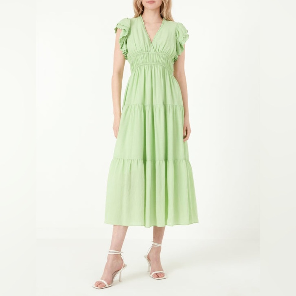 Free‎ the Roses Lace Trim Detail Tiered Midi Dress Sundress Green Size Large